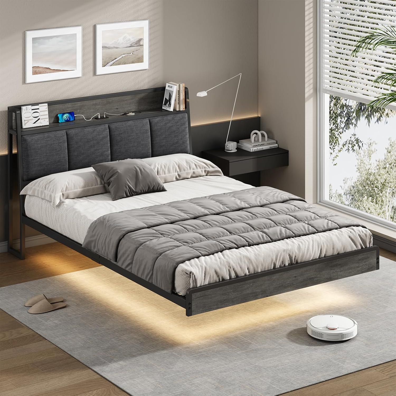 KIMENICH Polsterbett 140x190 cm mit LED-Beleuchtung, Lattenrost, Ladestation, Leinenstoff, Grau, schwebender Effekt