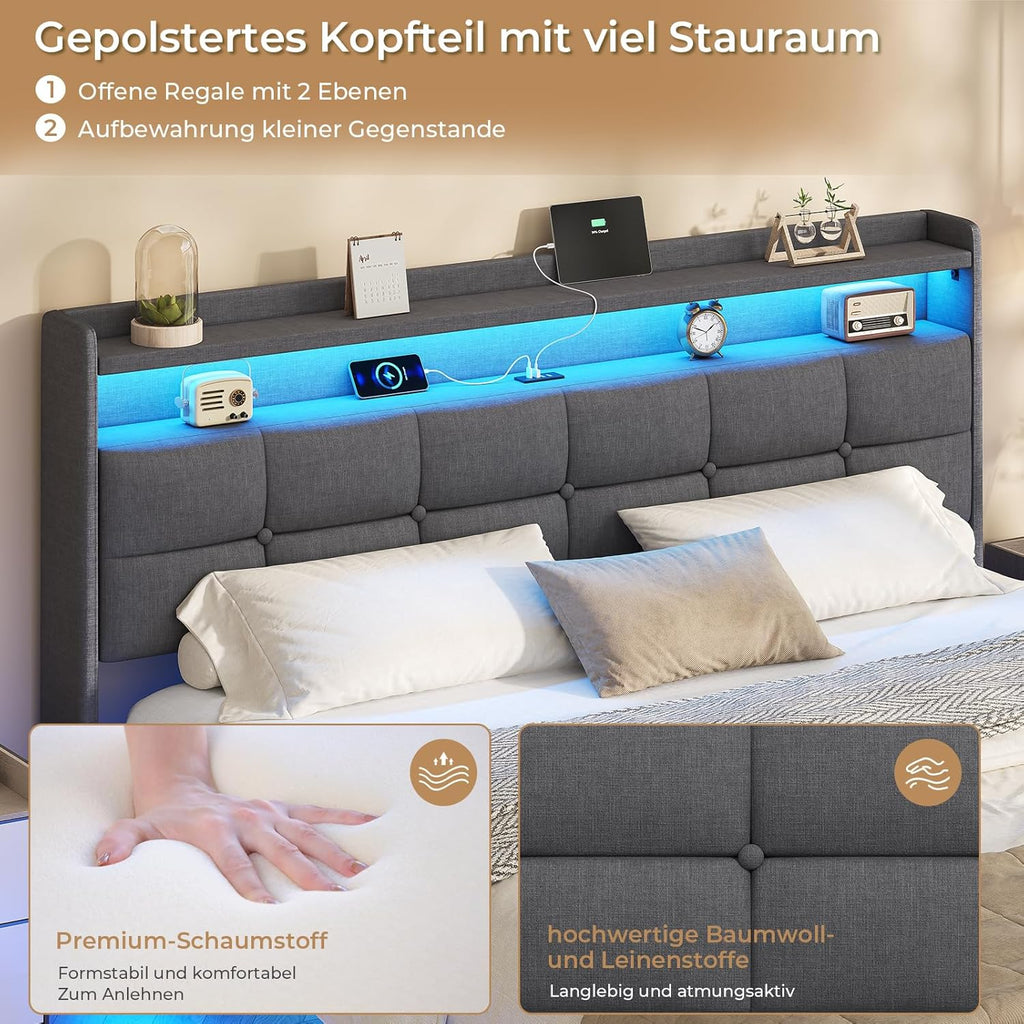 AOGLLATI Polsterbett 140x200 cm mit LED und USB, Metallbett schwebende Optik, Dunkelgrau