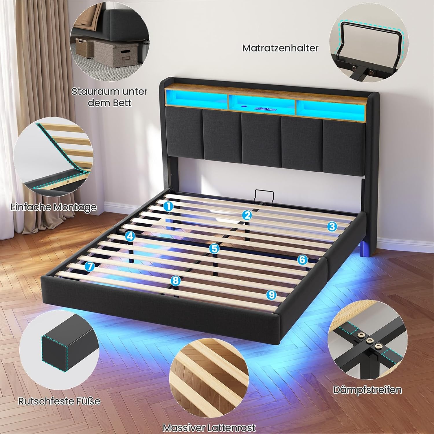 Brinlawb Polsterbett 140x200 cm mit LED, Schwebebett mit Kopfteil, Ladestation, Stauraum, Lattenrost, Leinen Grau