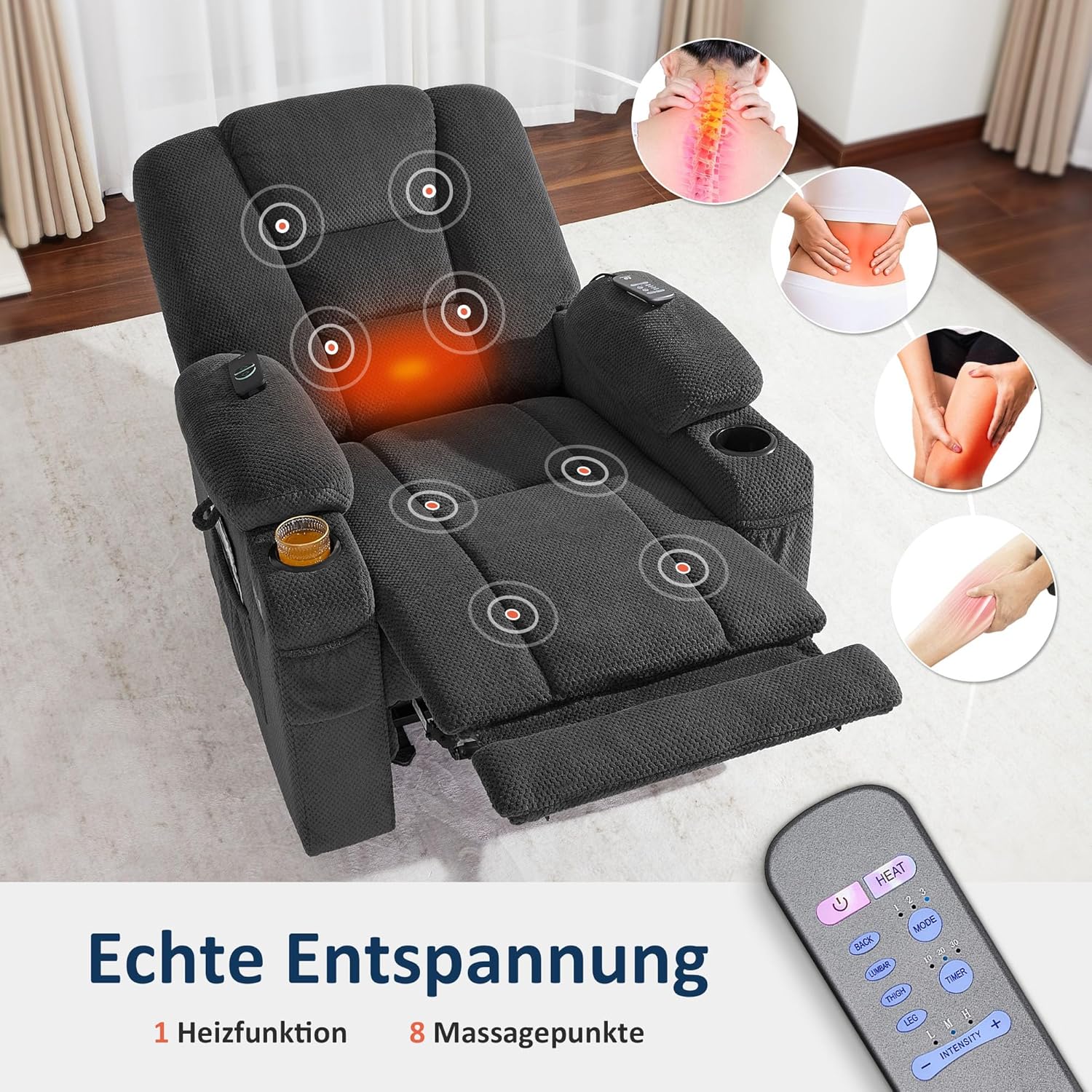 M MCombo Fernsehsessel elektrisch verstellbar 150° mit Massage & Heizung, TV Sessel, USB, Getränkehalter, 35D Vollschaum, Stoff Dunkelgrau