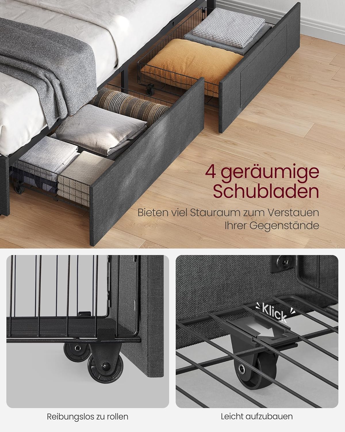 VASAGLE Doppelbettgestell 140x200 cm mit LED, Metallbett mit Schubladen, USB-Ladestation, gepolstertes Kopfteil, Schiefergrau