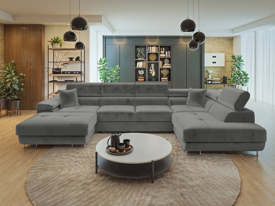 MIRJAN24 Torezio Bis U-Form Wohnlandschaft mit Schlaffunktion und Bettkasten, Einstellbare Kopfstützen, XXL Sofa