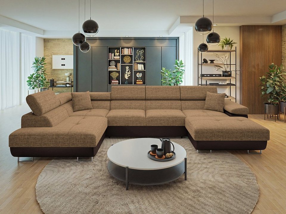 MIRJAN24 Torezio Bis U-Form Wohnlandschaft mit Schlaffunktion und Bettkasten, Einstellbare Kopfstützen, XXL Sofa